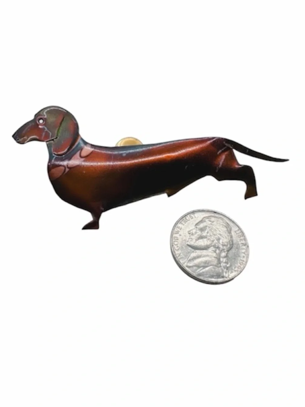 Vintage Mid-Century Brown Metal Hand Painted Dachshund Brooch / Pin